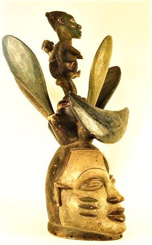 Rare Yoruba Mask with 4 Removable "Petals" and Ancestral Mother and Baby Figure